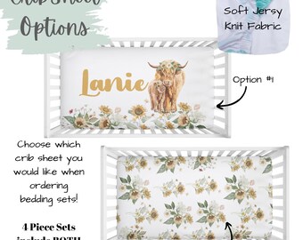 Cow Sunflowers Personalized Crib Sheet - Custom Name Fitted Sheet For Baby Crib