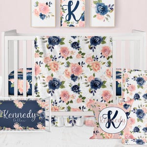 Floral Crib Bedding Set: Pink & Navy Watercolor, Personalized Girl Nursery