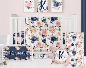 Floral Crib Bedding Set: Pink & Navy Watercolor, Personalized Girl Nursery