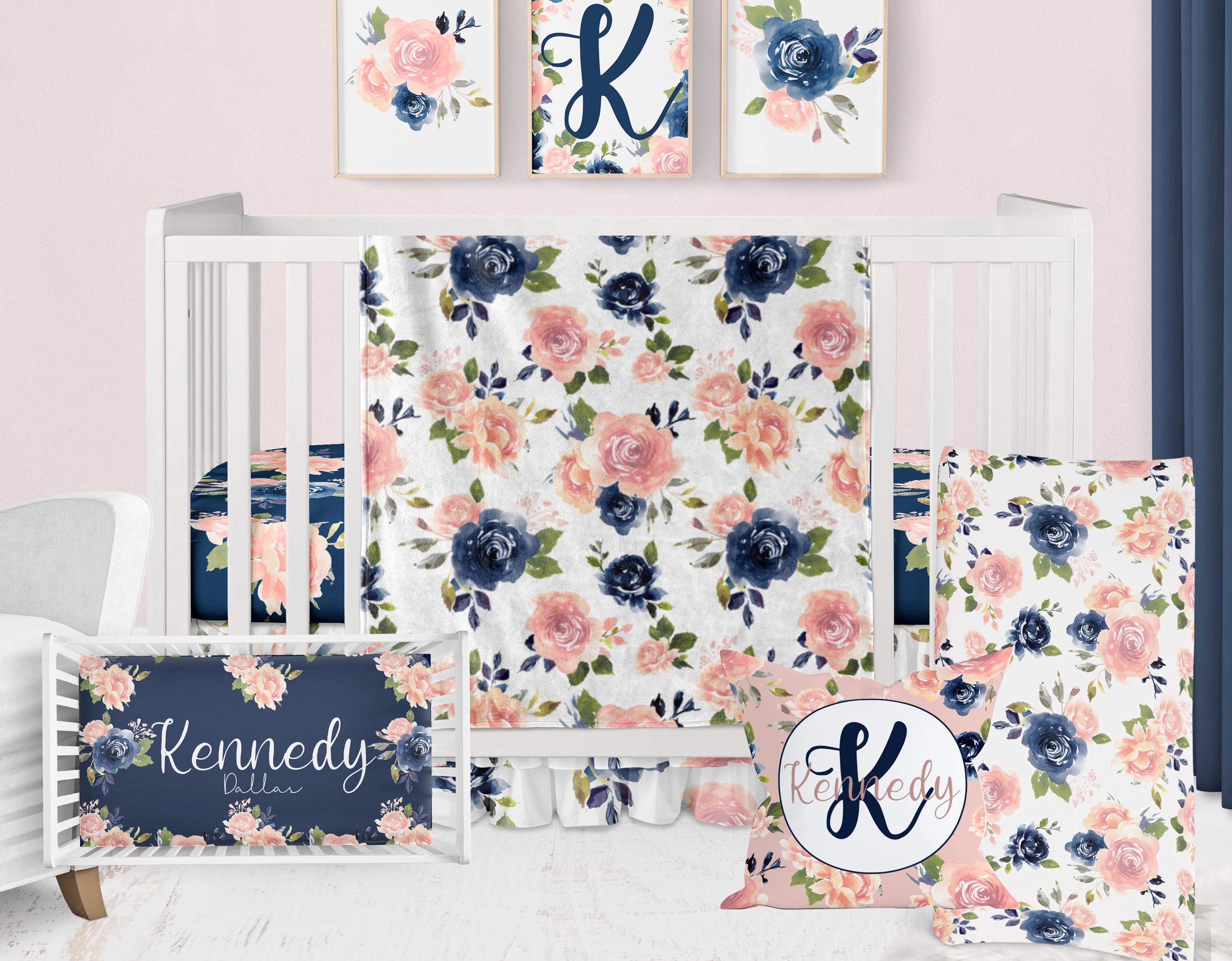 Floral Crib Bedding Set: Pink & Navy Watercolor, Personalized Girl 