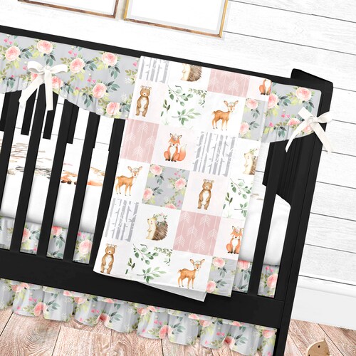 Baby Girl Crib Bedding Set Pink Plaid Woodland Girl Nursery Etsy