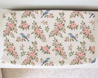 Grandmillennial Floral Changing Pad Cover: Pink Bluebird Floral (Made-to-Order)