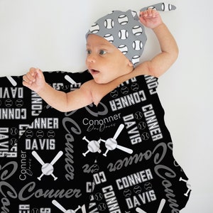 Baseball Swaddle Blanket, Personalized Swaddle Blanket Baseball Theme Baby Boy, Newborn Beanie Knotted Hat, Black and White Baseball Blanket