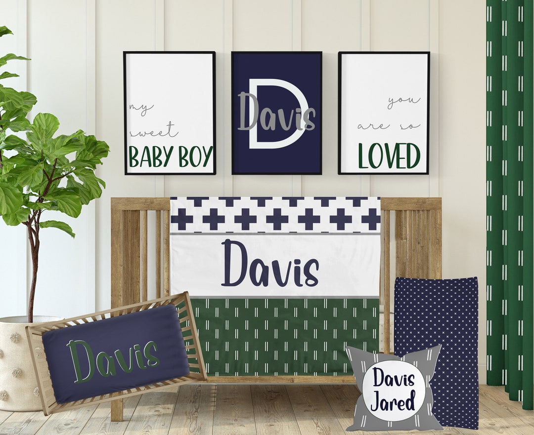 Boy Crib Bedding, Green Baby Boy Nursery, Navy Blue Personalized
