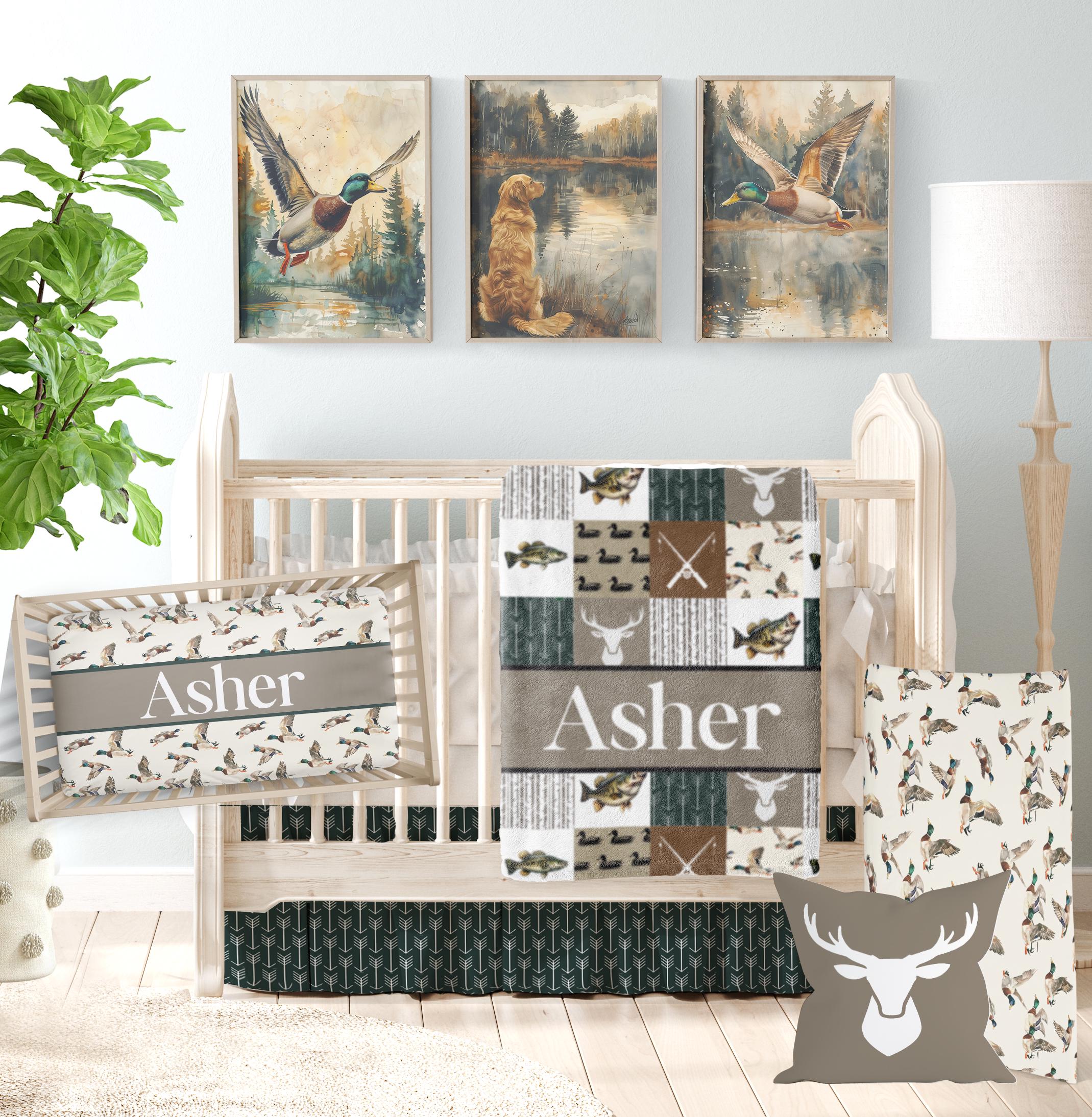 Hunting and Fishing Crib Bedding Set - Personalized Baby Nursery, Mallard Ducks and Outdoors Theme