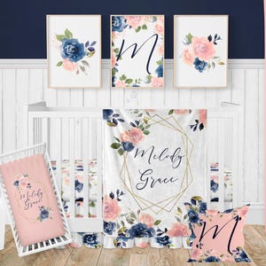 Floral Crib Bedding Set - Navy and Blush Baby Girl Nursery - Personalized Baby Blanket and Crib Sheet - Custom Baby Gift