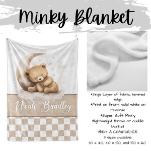 May include: A soft, white minky blanket with a printed design featuring a sleeping teddy bear on a crescent moon. The blanket has a name printed on it and a checkered pattern at the bottom. The text "Minky Blanket" is at the top.