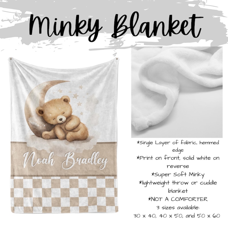 May include: A soft, white minky blanket with a printed design featuring a sleeping teddy bear on a crescent moon. The blanket has a name printed on it and a checkered pattern at the bottom. The text "Minky Blanket" is at the top.