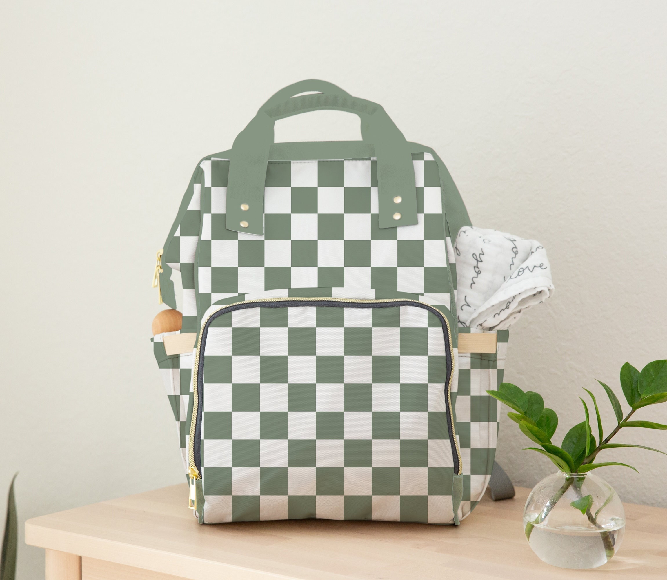 Diaper Bag Backpack in Sage Check, Neutral Backpack Diaper Bag