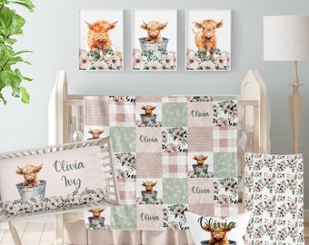 Highland Cow Crib Bedding – Baby Girl Nursery in Farmhouse Floral Blanket & Pillow, Baby Shower Gift