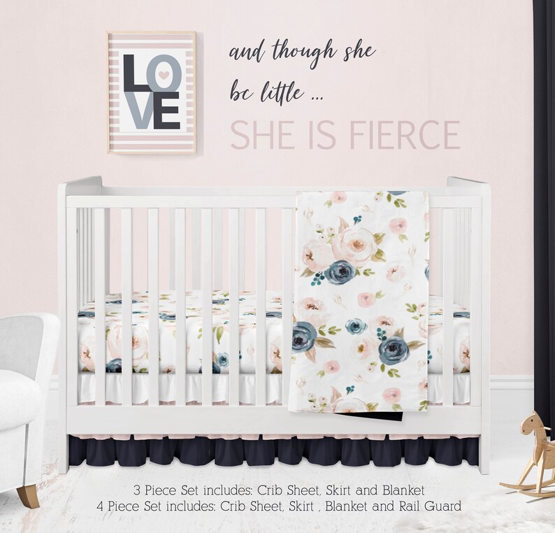 Floral Baby Girl Crib Bedding Set Navy Blue and Pink Flower Etsy