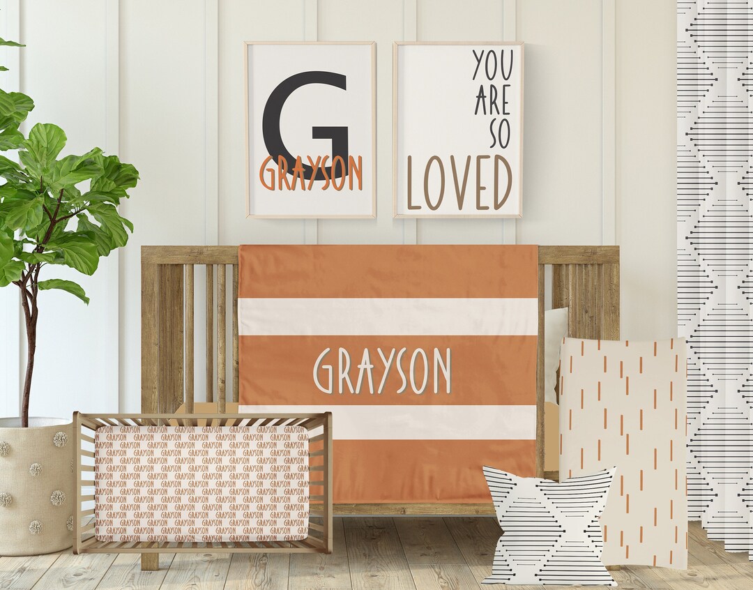 Orange Crib Bedding, Boy Nursery Baby Bedding Set, Personalized Orange