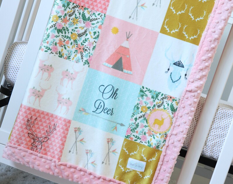 Minky Woodlands Baby Girl Blanket Pink And Mint Nursery