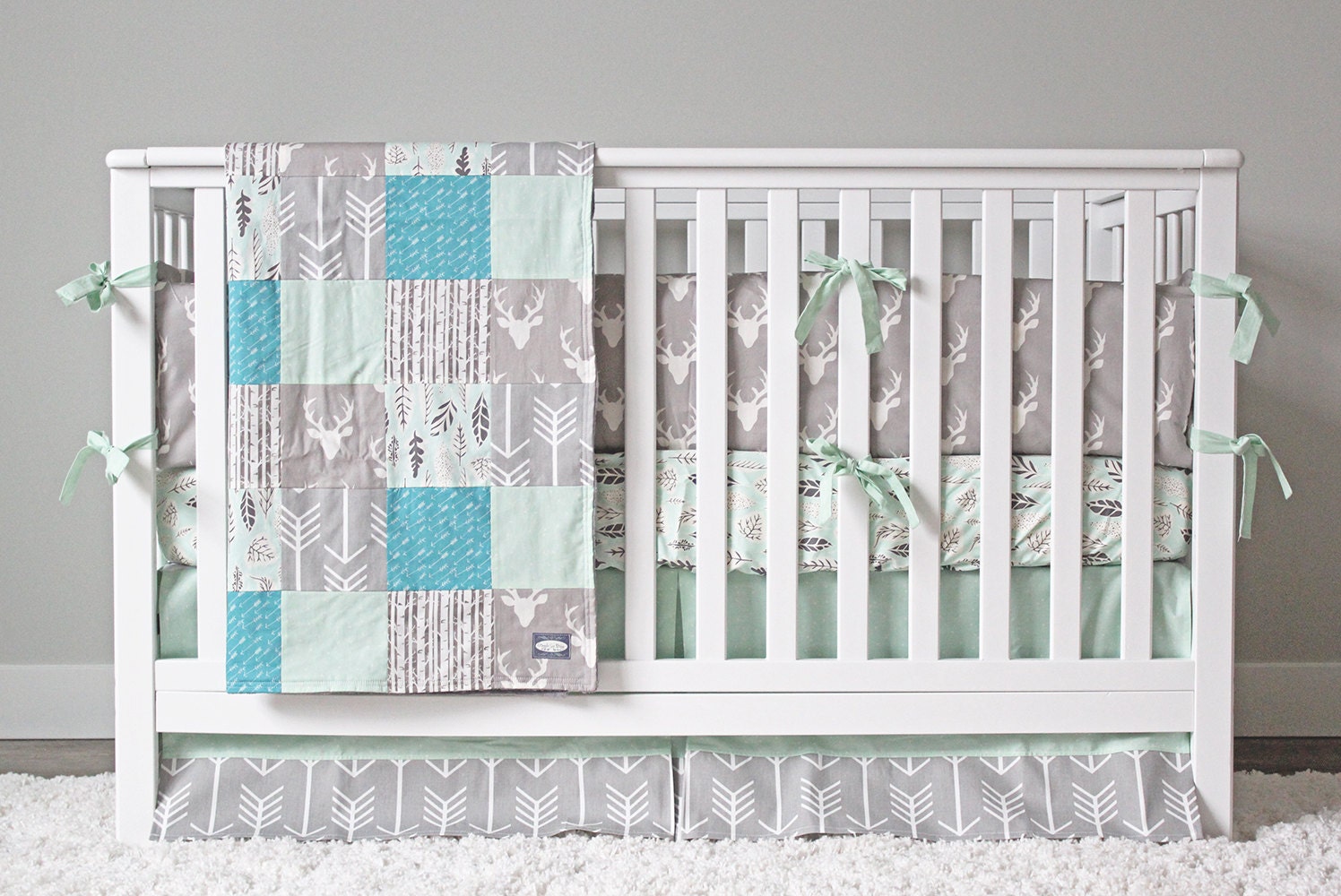 Woodlands Crib Bedding Set Mint Grey Teal Baby Nursery