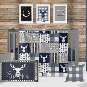 Woodland Crib Bedding – Navy & Gray Deer Baby Boy Blanket, Cabin Nursery Bedding Set, Baby Shower Gift