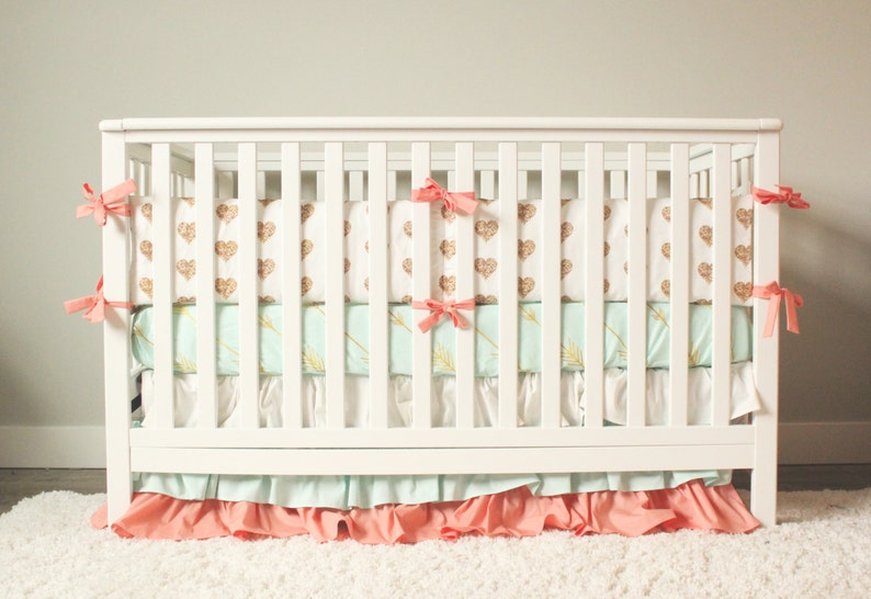 Baby Girl Bedding Gold Heart Nursery Crib Set Coral Mint Etsy