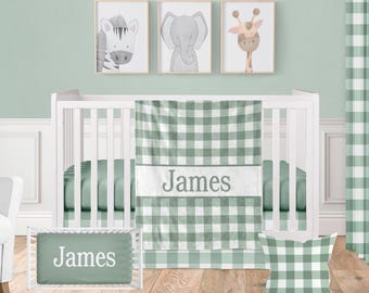 Custom Crib Bedding Set - Baby Cuddle Blanket, Fitted Sheet, Throw Pillow - Sage Green Gingham Gender Neutral Baby Bedding