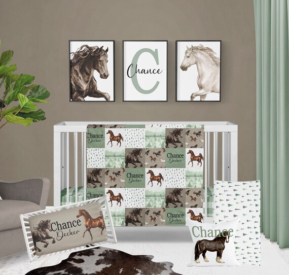 Baby Boy Crib Bedding Set Horse Nursery Theme Sage Green Ranch Personalized Bedding Baby Shower Gift Etsy