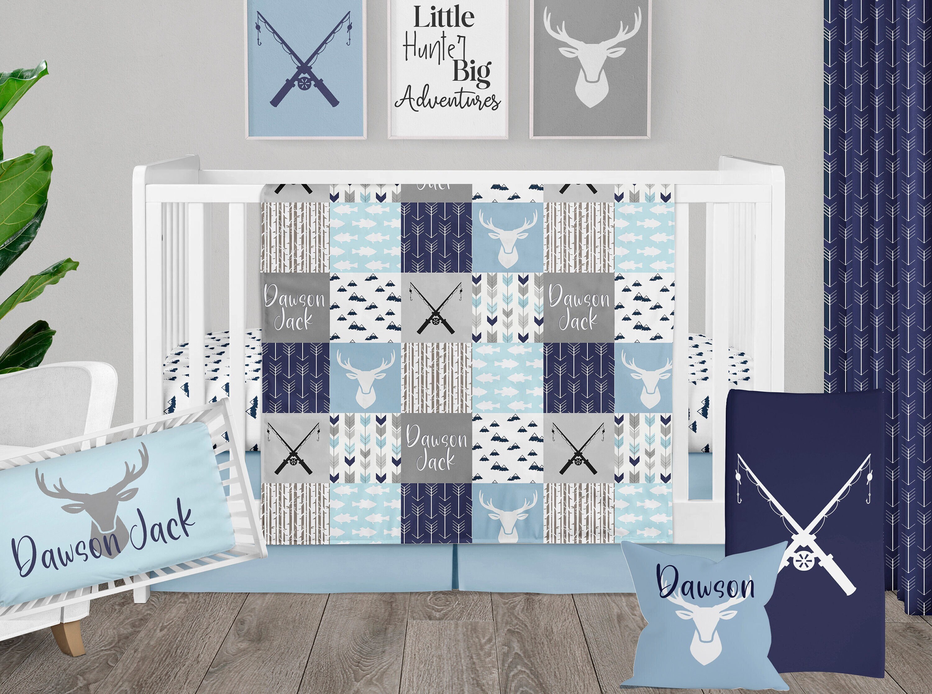 Crib Bedding Set Baby Boy, Hunting Fishing Theme Nursery Bedding, Baby Blue  and Navy Blue Baby Bedding, Personalized Baby Name Quilt 