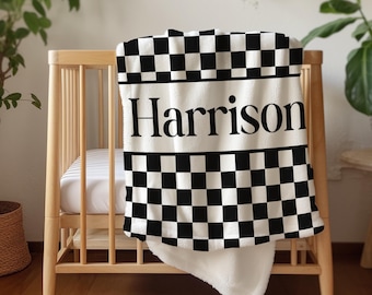 Personalized Baby Blanket: Black Checkered Minky or Sherpa Cuddle Blanket