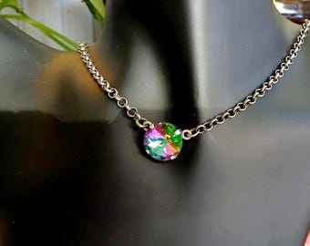 14mm Solitaire, Swarovski Crystal Necklace, Handmade Austrian Tennis Choker, Rhinestone Collet Chain, Bridal and Prom Jewelry
