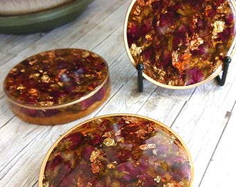 Handmade Resin Coasters with Rose Buds & Gold Leaf, Resin Art, Set of 3 Floral coasters, resin art