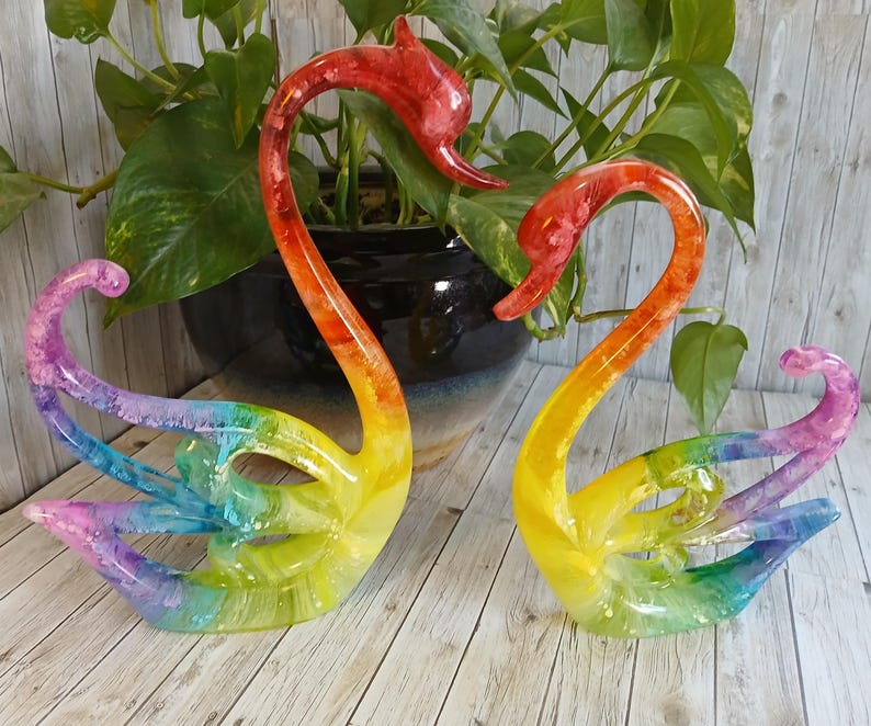Rainbow Resin Swan Pair, Colorful Handmade Resin Art Swans, Symbol of ...