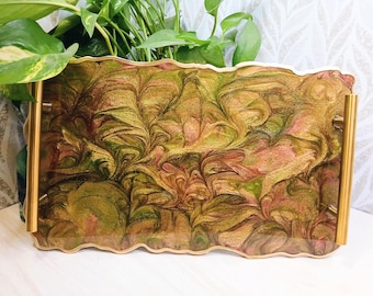 Luxe abstracte harskunst dienblad met handgrepen, handgemaakte moderne salontafel make-uptafel, statement woondecoratie, uniek dienblad, cadeau voor haar