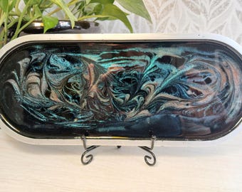 Vassoio portagioie XL da 33 cm in resina stile Raku / Decorazione ispirata alla ceramica Raku / Piatto iridescente / Opera d'arte astratta in resina realizzata a mano