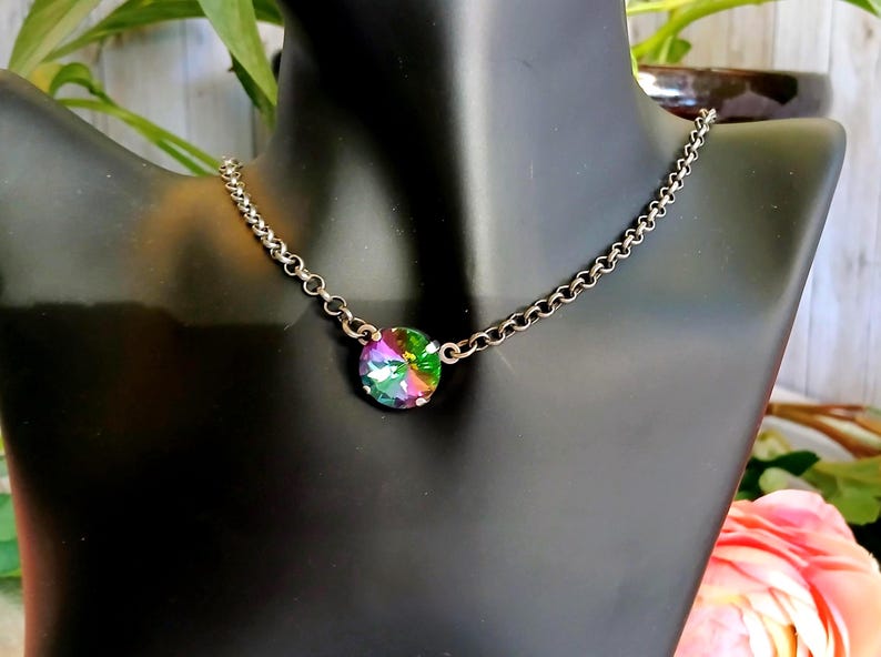 Collier solitaire en cristal Swarovski formel fait main, tour de cou en cristal autrichien 12 mm, bijoux de mariée, collier de bal de promo, bijoux en cristal image 1