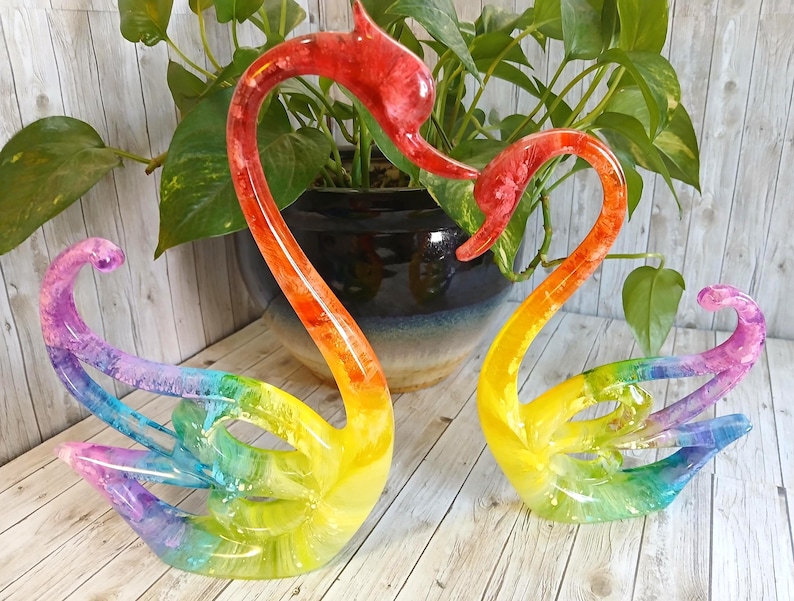 Rainbow Resin Swan Pair, Colorful Handmade Resin Art Swans, Symbol of ...