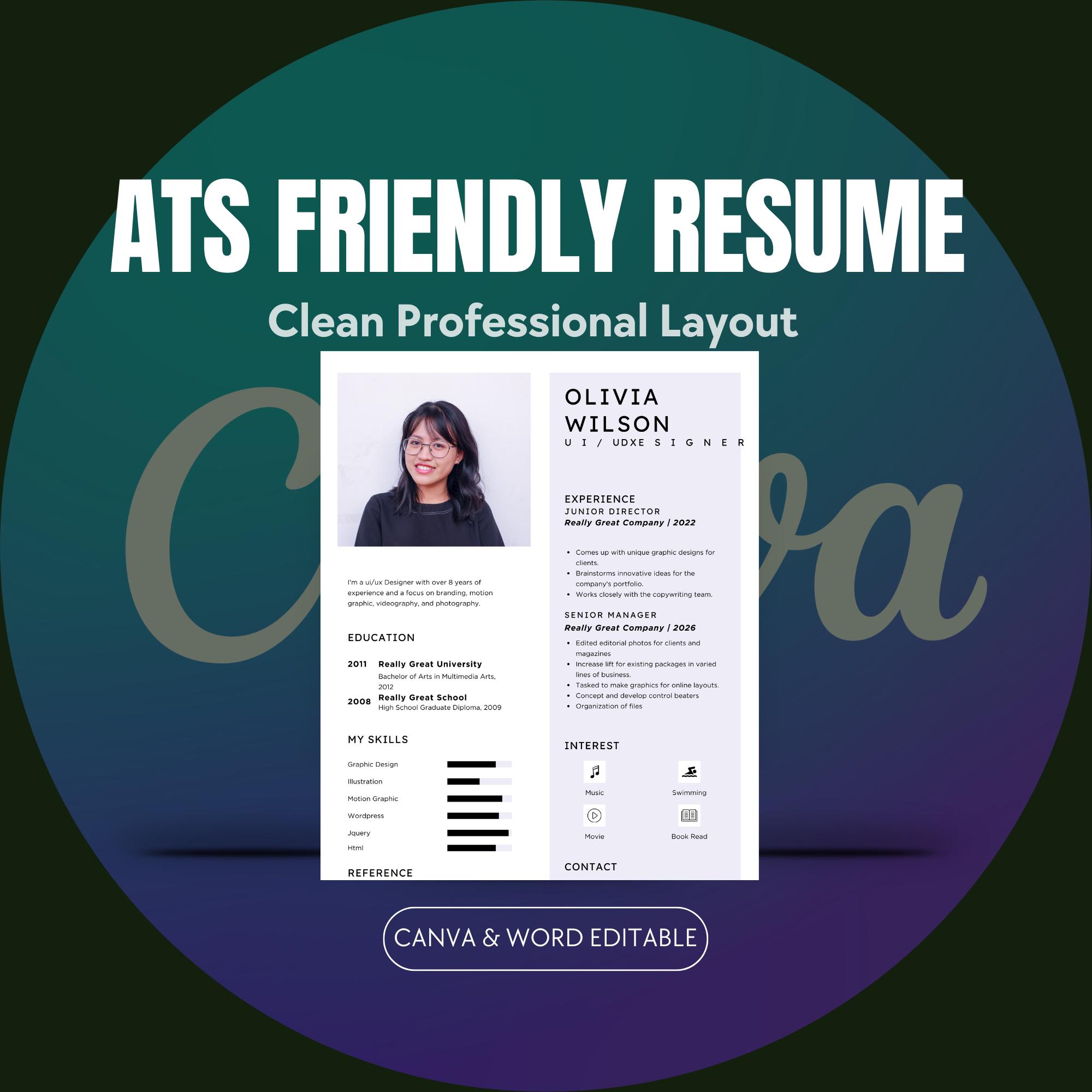 ATS Friendly Resume Template Word Google Docs Minimal Professional CV ...