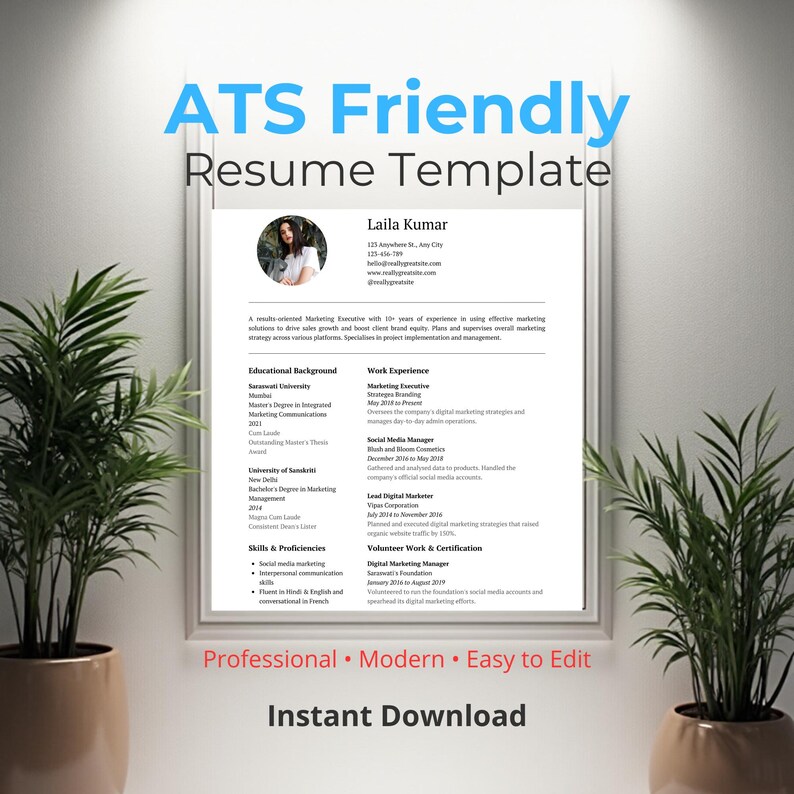 ATS Friendly Resume Template Word Canva Editable Professional Modern CV ...
