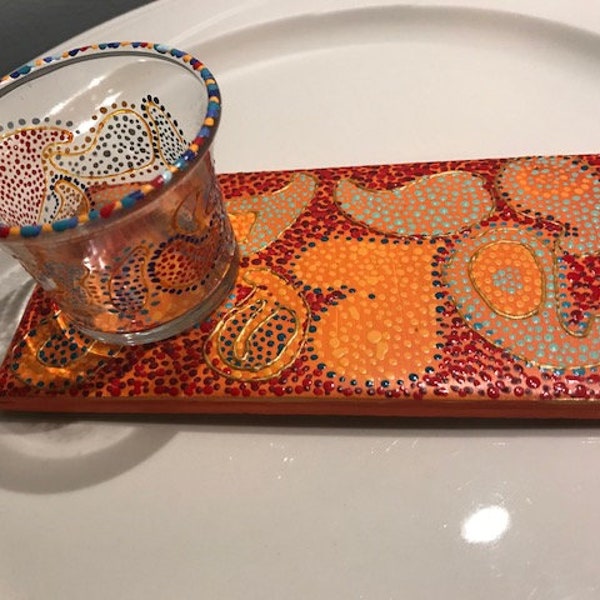 Hand painted candle votive holder with trivet