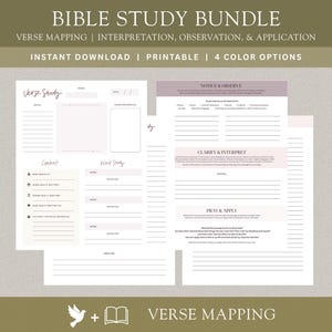 May include: A Bible Study Bundle with the text "BIBLE STUDY BUNDLE" at the top. The bundle includes printable pages for verse mapping, interpretation, observation, and application. The pages are in shades of pink and white, with the words "INSTANT DOWNLOAD | PRINTABLE | 4 COLOR OPTIONS".