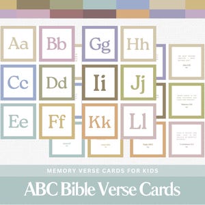 May include: ABC Bible Verse Cards for kids. The image displays a collection of colorful square cards, each featuring a letter of the alphabet in a different pastel hue. Some cards include Bible verses. The text "ABC Bible Verse Cards" is at the bottom.