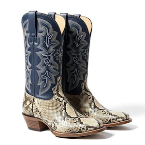 Könnte beinhalten: Ein Paar Cowboy-Stiefel mit einem blauen Schaft und einem Fuß im Schlangenmuster. Der blaue Schaft weist aufwendige Stickereien in einer helleren Farbe auf. Die Stiefel haben einen klassischen Western-Stil mit spitzer Zehenpartie und einem gestapelten Absatz.