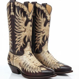 Puede incluir: Un par de botas de vaquero con un patrón de piel de serpiente marrón y beige. Las botas presentan un diseño detallado de águila en la caña y un acento de estrella. La puntera y la caña superior son marrones.