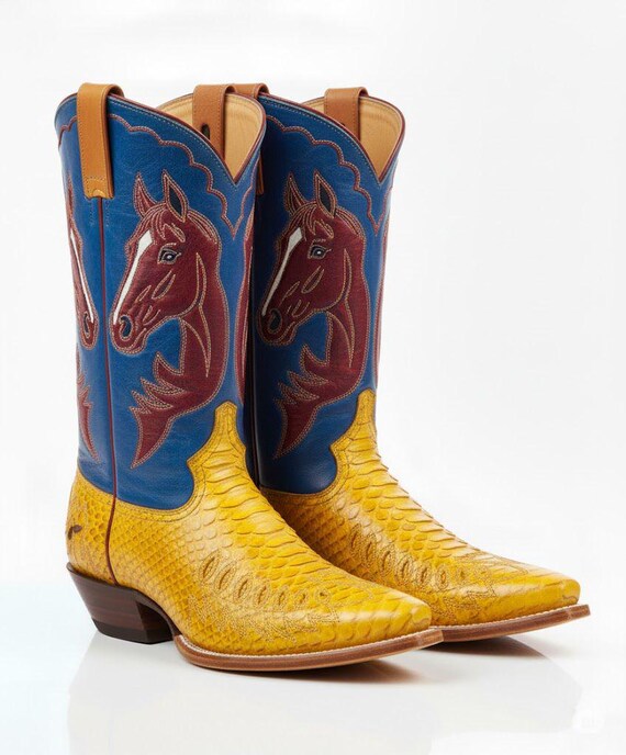 Exotic Yellow Python Pattern Cowboy Boots With Custom Horse  display picture 3