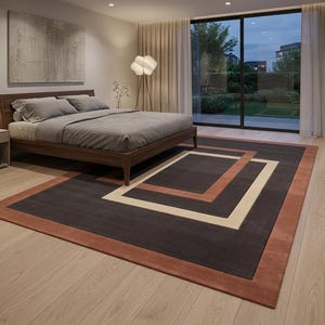 May include: A contemporary bedroom with a dark brown rug featuring geometric patterns in beige and rust. The room includes a wooden bed frame, grey bedding, and a large window overlooking a garden.
