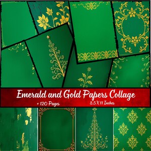 May include: A collage of emerald green papers with gold floral and ornamental designs. The papers feature various patterns, including flowers, borders, and a stylized tree. The text "Emerald and Gold Papers Collage" is displayed on a red banner, with dimensions of 21.6 x 27.9 cm.