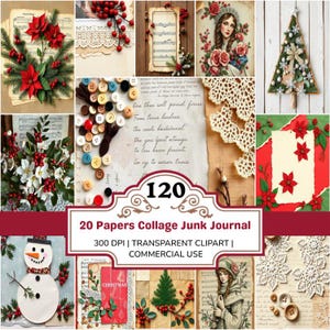 Könnte beinhalten: Eine Collage mit weihnachtlichen Papieren und Elementen. Das Bild zeigt Poinsettien, Notenblätter, Spitze, Knöpfe und einen Schneemann. Der Text lautet "20 Papers Collage Junk Journal" und "Commercial Use".