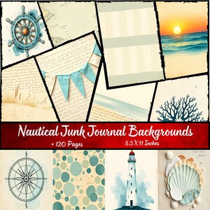 Könnte beinhalten: Eine Collage von Hintergründen zum Thema Nautik für Junk-Journals. Die Bilder zeigen ein Steuerrad, eine Windrose, einen Leuchtturm, Muscheln und einen Sonnenuntergang über dem Meer. Der Text lautet "Nautical Junk Journal Backgrounds + 120 Seiten 21,6 x 27,9 cm."