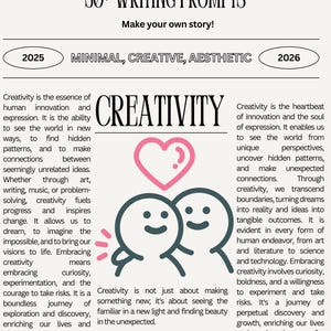 May include: A cream-colored page with the text "FAKE DATING TROPE" and "30+ WRITING PROMPTS." The words "Make your own story!" are also present. The word "CREATIVITY" is in large text, with a pink heart and two smiling figures.