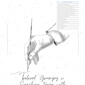 May include: Black and white illustration of a hand holding a pen, with the text "YOUR NEXT INSPRIATRION!" at the top. Below, the text reads "beloved Grumpy x Sunshine trope with 30+ prompts!"