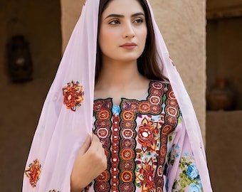 Balochi Dress Gift for Her 3-Piece Unstitched Heavy Embroidery & Handmade Mirror Work
