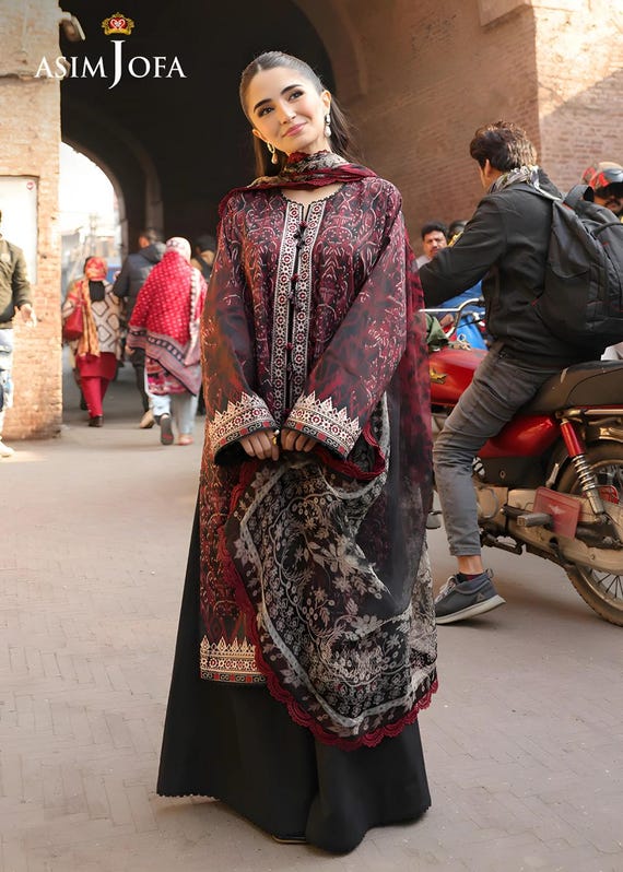 Asim Jofa Fancy Dress Suit Embroidered Black Lawn Unstitched: Printed  Chiffon Dupatta AJUBF-50 - Etsy