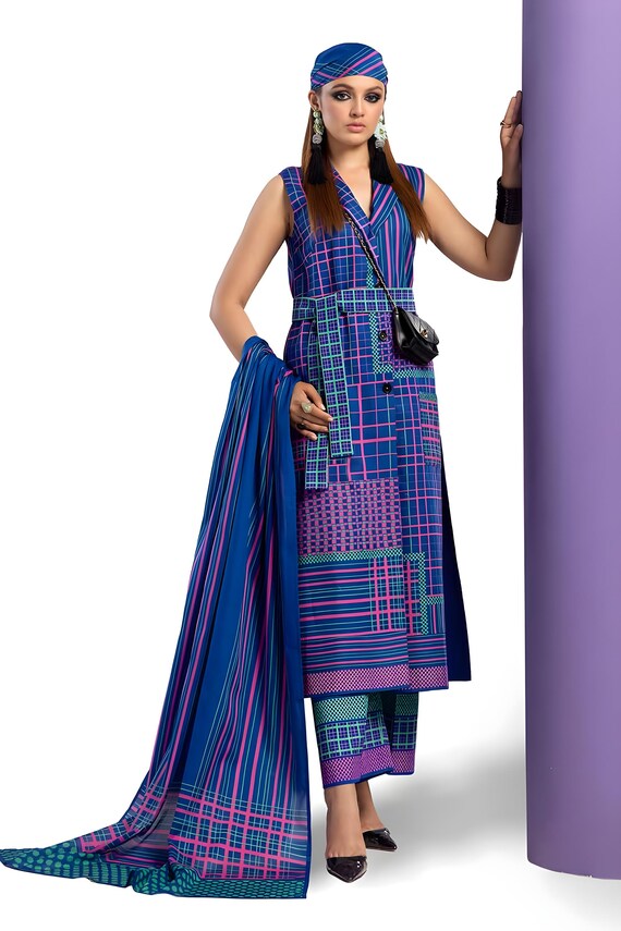 Gul Ahmed Casual Dress Suit Untitched 3-piece Blue Printed Lawn, Dupatta & Trouser CL-42150