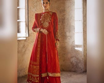 Pakistanischer Farshi Salwar Kameez - Gestickter Hochzeitsgast Punjabi Langer Indischer Anzug FE-32088