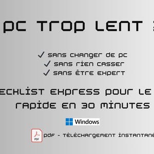 Può includere: Grafica digitale con testo in francese, tra cui "PC TROP LENT?" e "LA CHECKLIST EXPRESS POUR LE rendre rapide en 30 minutes". Sono presenti anche un logo Windows e un'icona PDF.